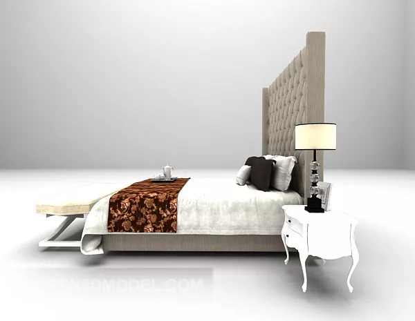 White Double Bed With Back Wall 3d model White Double Bed With Back Wall 3d model