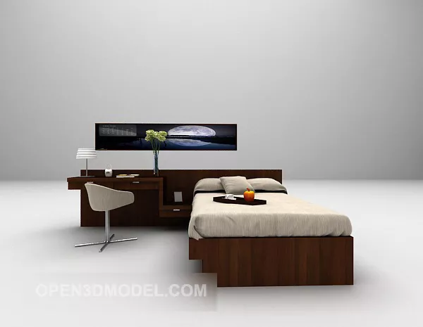 Wood Single Bed With Work Table Chair 3d model Wood Single Bed With Work Table Chair 3d model