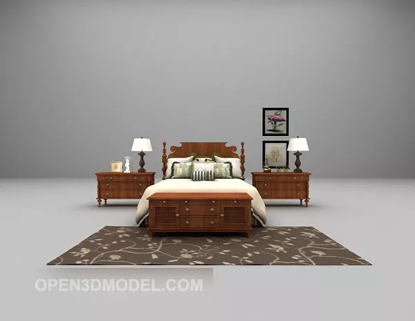 Wood Bed Furniture Vintage Carpet 3d model Wood Bed Furniture Vintage Carpet 3d model