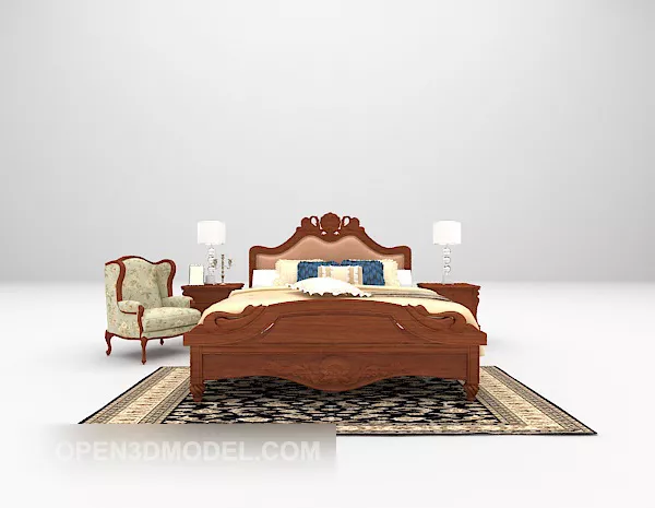 European Wooden Bed Furniture With Chair 3d model European Wooden Bed Furniture With Chair 3d model