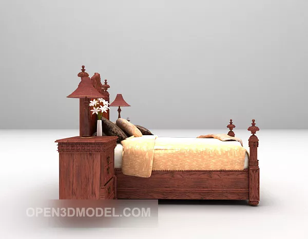 European Wooden Single Bed Furniture 3d model European Wooden Single Bed Furniture 3d model