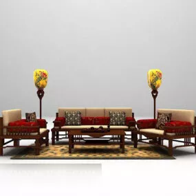 Wood Sofa With Lamp Carpet 3d model