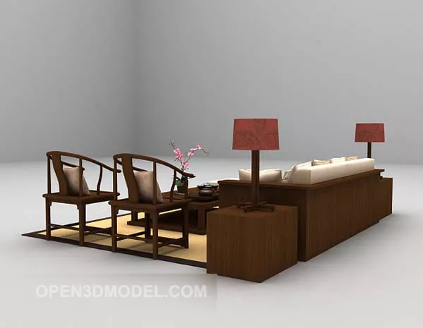 Chinese Multiplayer Sofa With Wood Chairs 3d model Chinese Multiplayer Sofa With Wood Chairs 3d model