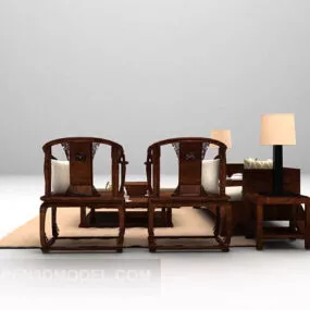 Chinese Wooden Sofa Chair With Carpet 3d model