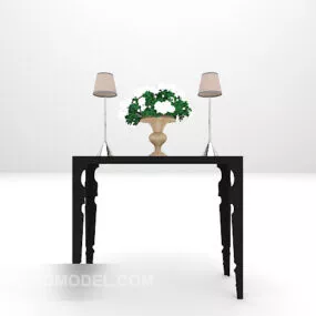 European Black Wood Table With Lamp 3d model