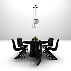 Black Wood Table And Modernism Chair Set 3d model