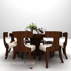 European Round Dining Table Wood Chair 3d model