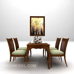 Modern Family Table Wooden With Chair 3d model