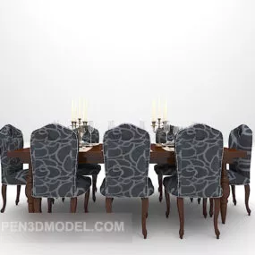 European Wooden Table Vintage Chair Set 3d model