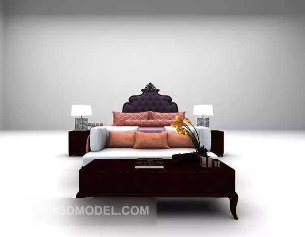 Double Bed With Daybed And Stool 3d model Double Bed With Daybed And Stool 3d model