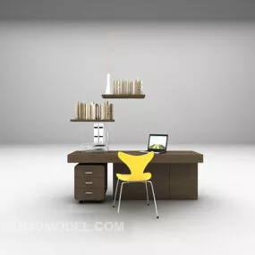Simple Brown Desk With Chair 3d model