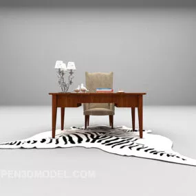 Brown Wood Desk With Carpet 3d model