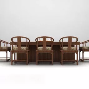 Long-shaped Dinning Table And Chair Wooden 3d model
