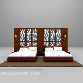 Twin Double Bed With Backwall 3d model
