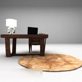 Modern Desk Wooden With Round Carpet 3d model