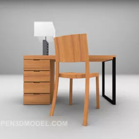 Wood Desk With Chair 3d model