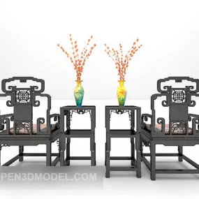Chinese Retro Wooden Chair With Table 3d model