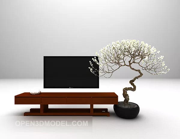 Brown Tv Cabinet With Bonsai Potted 3d model Brown Tv Cabinet With Bonsai Potted 3d model