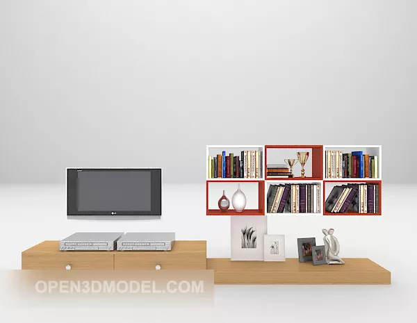 Walnut Bookcase With Drawers And Glass Door 3d model