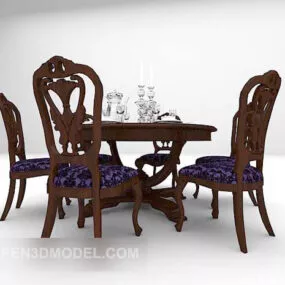European Black Dining Table With Wood Chairs 3d model