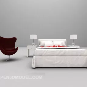 White Double Bed With Relax Chair Furniture 3d model