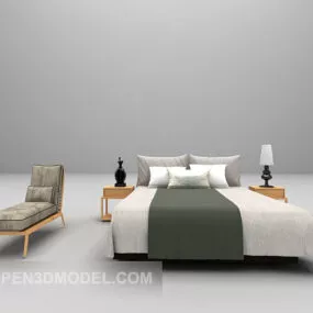 White Wooden Bed With Lounge Chair Furniture 3d model