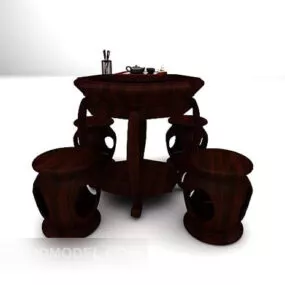Dark Brown Wooden Table And Stool 3d model