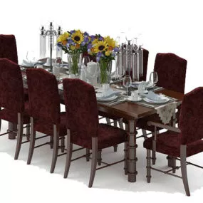 European Brown Dining Table Chair Full Set 3d model