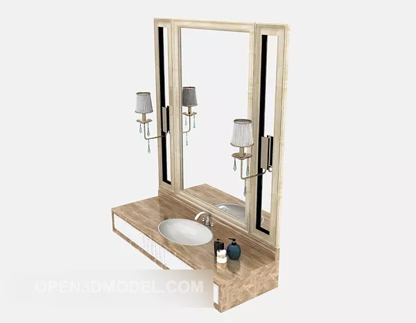 Rectangle Washbasin With Mirror Wood Frame 3d model