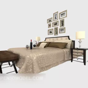 Bedroom Double Bed With Picture Decor 3d model