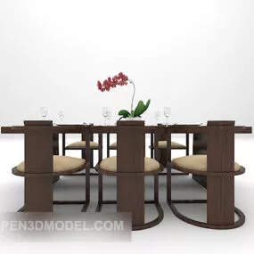 Black Wood Chinese Dining Table Chairs 3d model