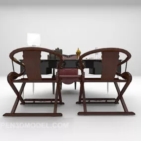Work Black Desk With Wood Chair 3d model