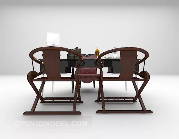 Work Black Desk With Wood Chair 3d model Work Black Desk With Wood Chair 3d model