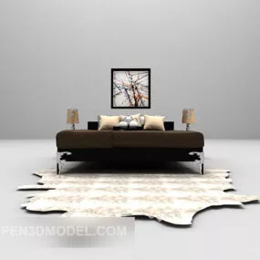 Black Wooden Bed With Fur Carpet Furniture 3d model