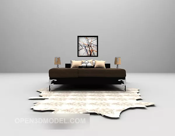 Black Wooden Bed With Fur Carpet Furniture 3d model Black Wooden Bed With Fur Carpet Furniture 3d model