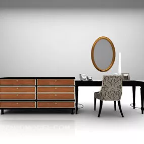 Black Wooden Desk With Chair And Mirror 3d model