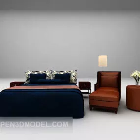Black Bed With Lounge Chair And Table 3d model