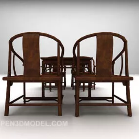 Brown Wood Chinese Table And Chair 3d model