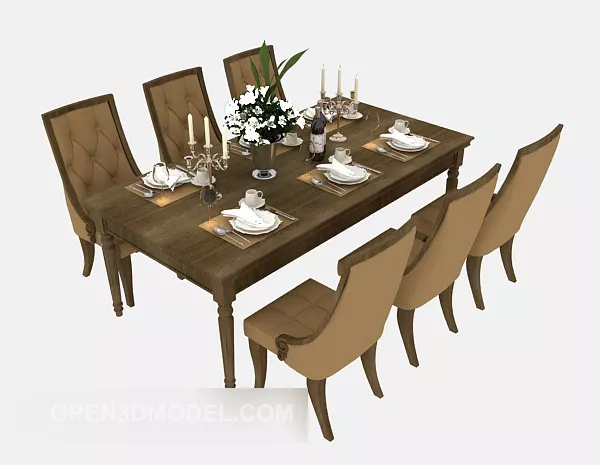 Brown European Table Chair Set 3d model Brown European Table Chair Set 3d model