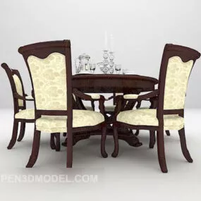 Brown Wood Table Chairs 3d model