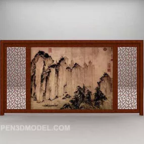 Brown Wood Background With Chinese Painting 3d model