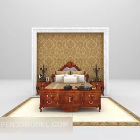 Brown Wood Bed Classic Furniture 3d model