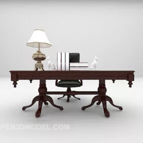 Brown Desk Wooden Vintage Style 3d model