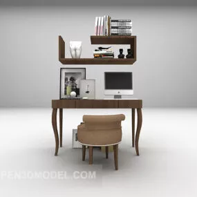 Brown Work Desk Furniture With Shelves 3d model