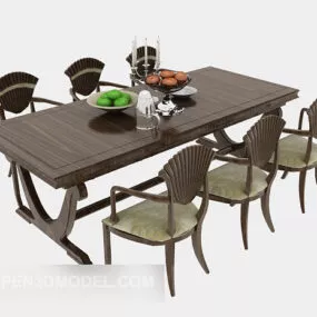 Brown Solid Wood Dining Table 3d model