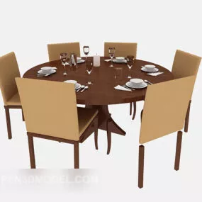 Brown Solid Wood Dining Table Chair 3d model