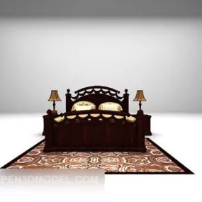 Vintage Brown Wood Bed 3d model