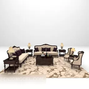 Brown Vintage Wood Sofa Large Full Sets 3d model