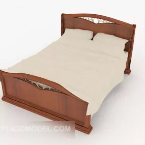 Brown Wood Double Bed 3d model