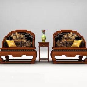 Chinese Brown Table And Chair Retro Set 3d model